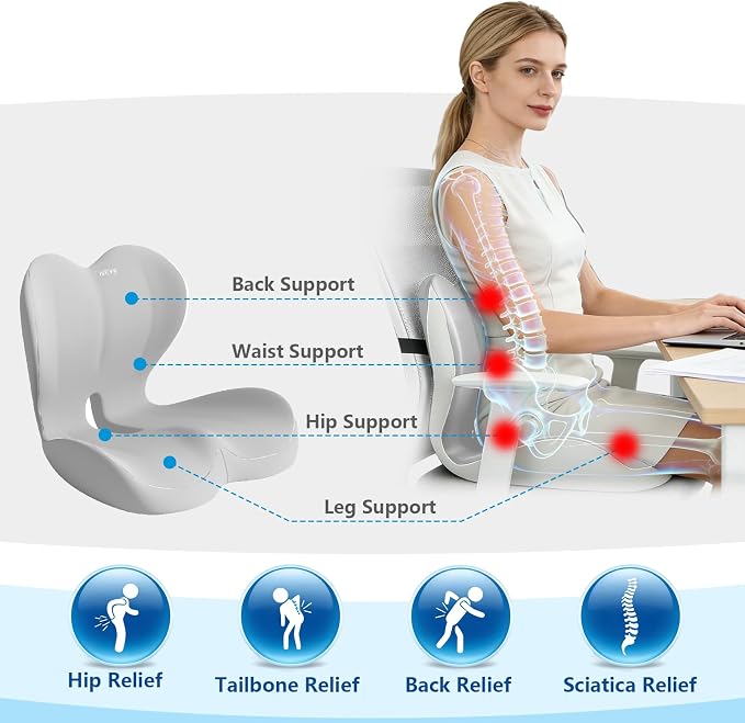 Ergonomic Memory Foam Seat Cushion with Strap for Office Chair, Light Grey | Contoured coccyx cutout supports back and butt, with a non-slip base and washable cover for office chairs and cars.