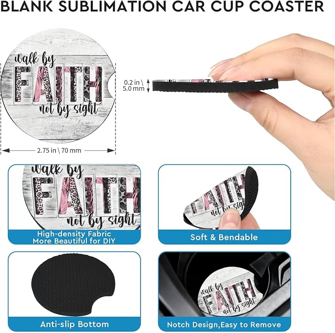 2 Pack Christian Car Cup Holder Coasters Universal Neoprene Coasters | 2.75" Universal Size Anti Slip Rubber Mat, Auto Cup Holder Accessories for SUV Truck, Walk by Faith Gifts for Women Men