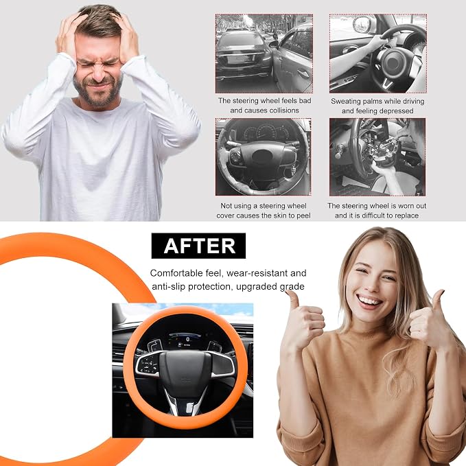 DXNQ Car Steering Wheel Cover, 13 to 14.17 inches Anti-Slip Silicone Steering Wheel Protector, Soft Flexible Shock-Absorbent Steering Wheel Protective Cover for Most Car Models (Orange)
