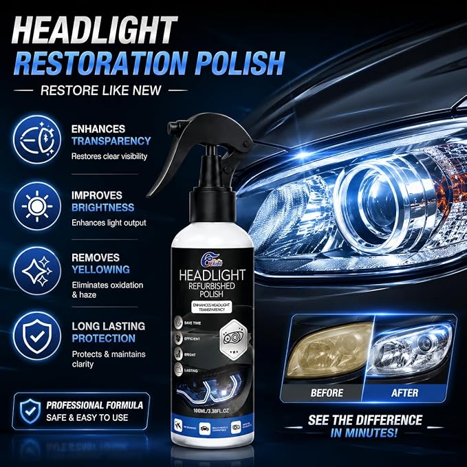 Automotive Headlight Restoration Kit - Fast & Easy Car Headlight Cleaner for Oxidized, Yellowed Headlamps - Refurbishing Fluid Restores Clarity & Brightness for All Vehicle Types