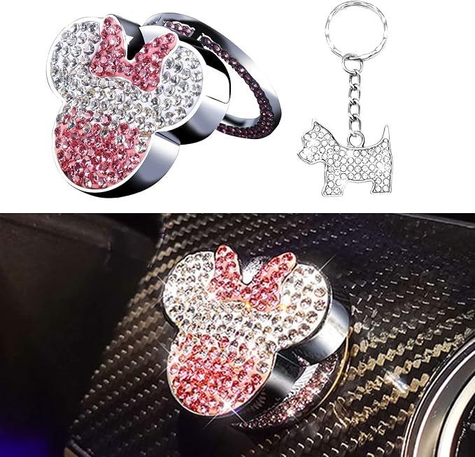 Pangpai Car Cute Push to Start Button Cover Accessories, Bling Crystal Car Engine Start Stop Button Cover, Pink Car Decoration Interior Sticker for Women Girl