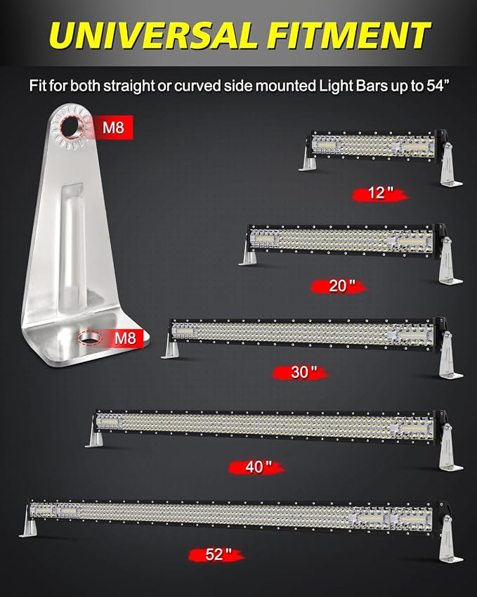 LED Light Bar Side Mounting Brackets Kit Heavy Duty Stainless Steel Side Brackets for Straight or Curved Single-Row LED Light Bar Up to 54 Inch - 8MM Hole
