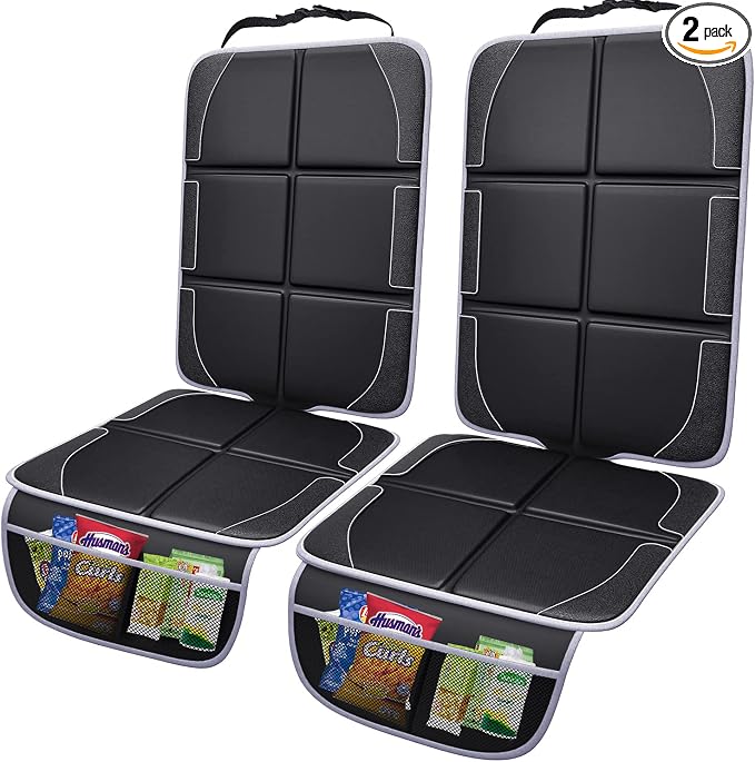 Gimars Car Seat Protector, 2 Pack, XL Thicken EPE Cushion Waterproof 600D Fabric Car Seat Cover for Child Car Seat with Nonslip Backing Mesh Pockets for Baby SUV Sedan Truck Leather Seats, Black-Gray