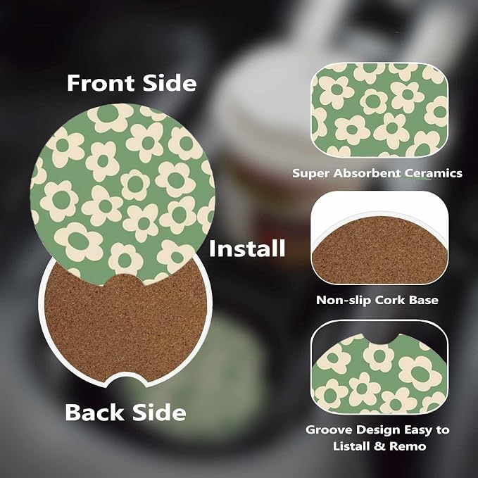 Ceramic Car Cup Coasters 2PCS - Kawaii Flower | with Cork Back & Finger Slot, Anti-Slip Shock Absorbing, Universal Car Interior Accessories for Men Women