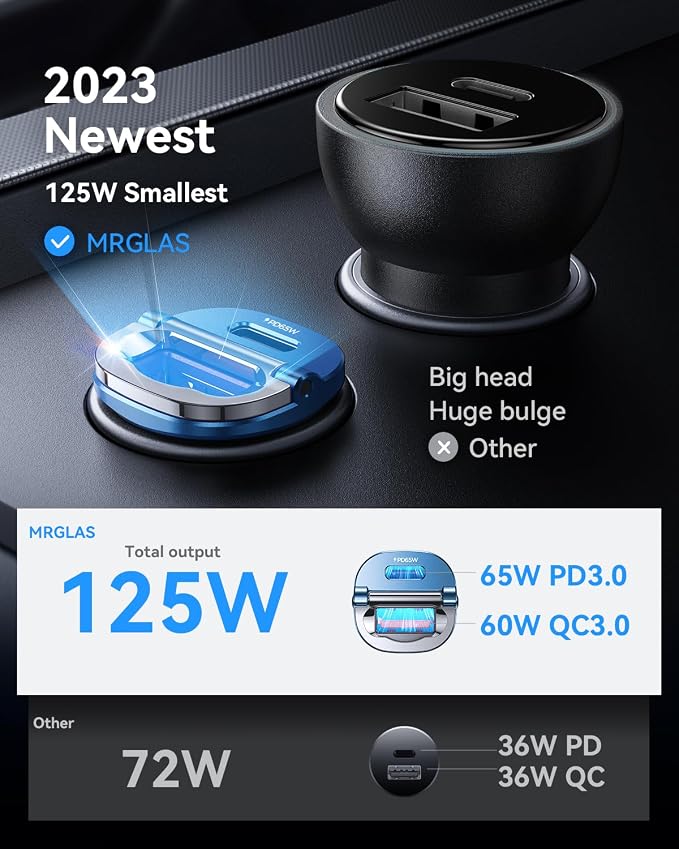MRGLAS【Upgraded】 125W USB C Car Charger Super Fast Charging for iPhone 16 | [PD65W & QC60W][All Metal] Cigarette Lighter Car Charger,Dual Port for iPhone 16 15 Pro iPad Samsung S25 S24 MacBook-Blue