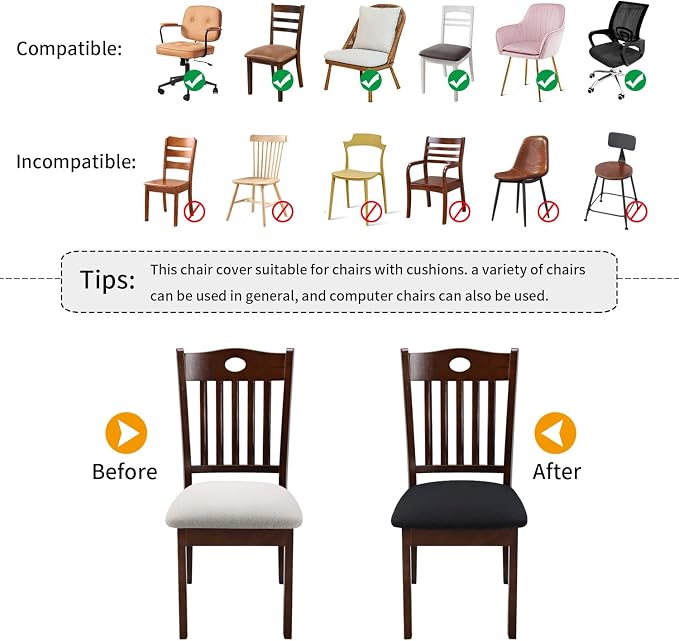 Fuloon Stretch Chair Seat Covers 6 PCS, Removable Washable Dining Chair Covers Anti-Dust Dining Room Seat Cushion Slipcovers (6, Black)