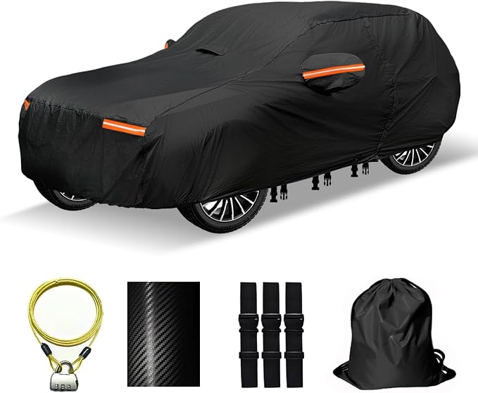 Heavy Duty SUV Car Cover for Automobiles All Weather Waterproof, Outdoor Snowproof UV Protection Windproof, Door Zipper, Soft Cotton Universal Car Covers (Black, Fit SUV 181"-190")
