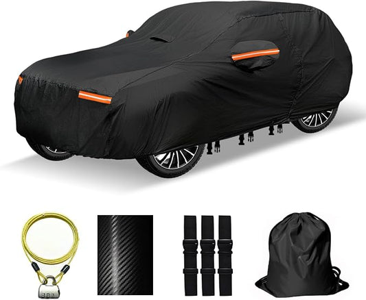 Heavy Duty SUV Car Cover for Automobiles All Weather Waterproof, Outdoor Snowproof UV Protection Windproof, Door Zipper, Soft Cotton Universal Car Covers (Black, Fit SUV 171"-180")