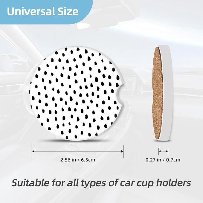2 Pack Car Coasters for Cup Holders, 2.56" Universal Absorbent Ceramic Stone Car Cup Holder Coasters with Non-Slip Cork Base, Car Interior Accessories for Women Men(Polka Dots)