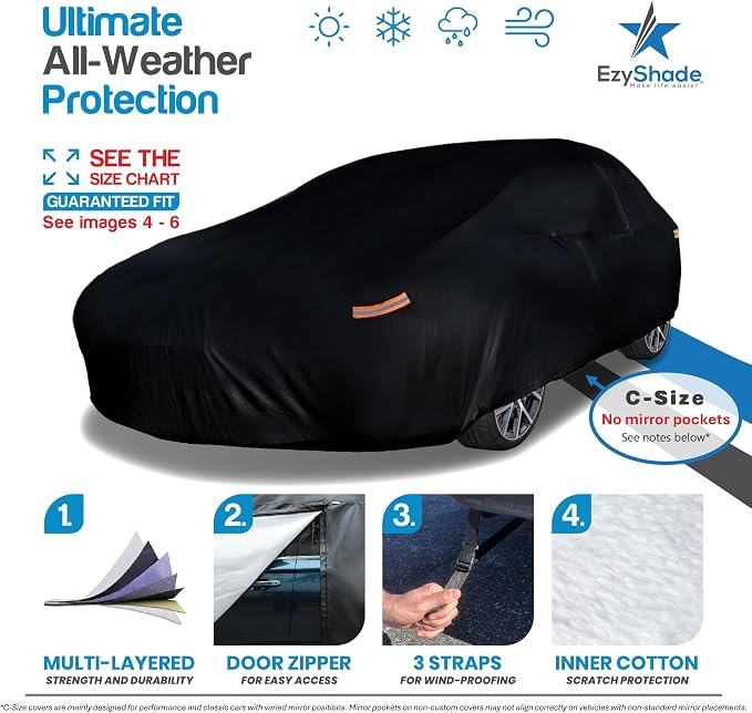 EzyShade Multi-Layer Waterproof Sports Car Cover - See Vehicle Size-Chart - All Weather Full Outdoor Covers for Automobiles - Miata Porsche SLK Z3 Z4 Classic Cars - Black, Size C1 (See SizeChart)