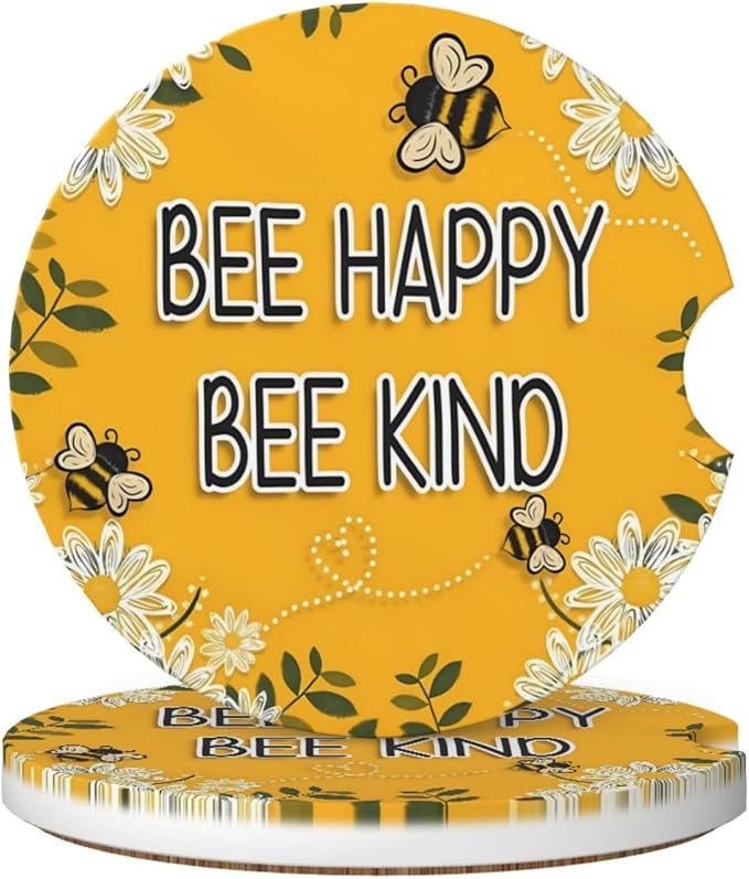 Bee Happy Bee Kind Daisy Absorbent Ceramic Car Coasters 2 Pack Round Insert Cupholder Coaster Car Cup Holder Mat with Finger Notch Anti-Slip Cork Base Reusable Drink Coasters 2.56 in