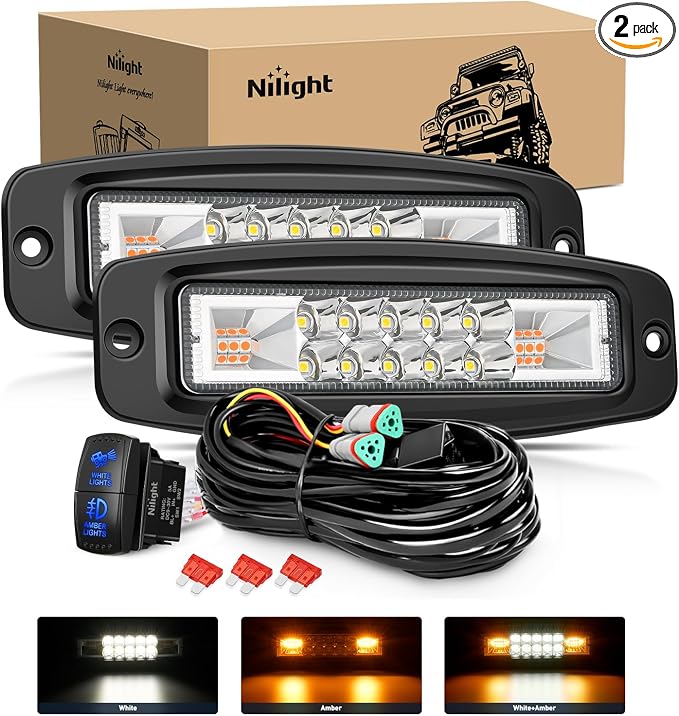 Nilight Flush Mount LED Light Pods 2PCS 6 Inch 60W Amber White 3 Lighting Modes Fog Lights Spot Flood Beam with Dual Control 18AWG Wiring Harness for Truck Pickup Golf Cart UTV ATV SUV Boat 4x4 Car