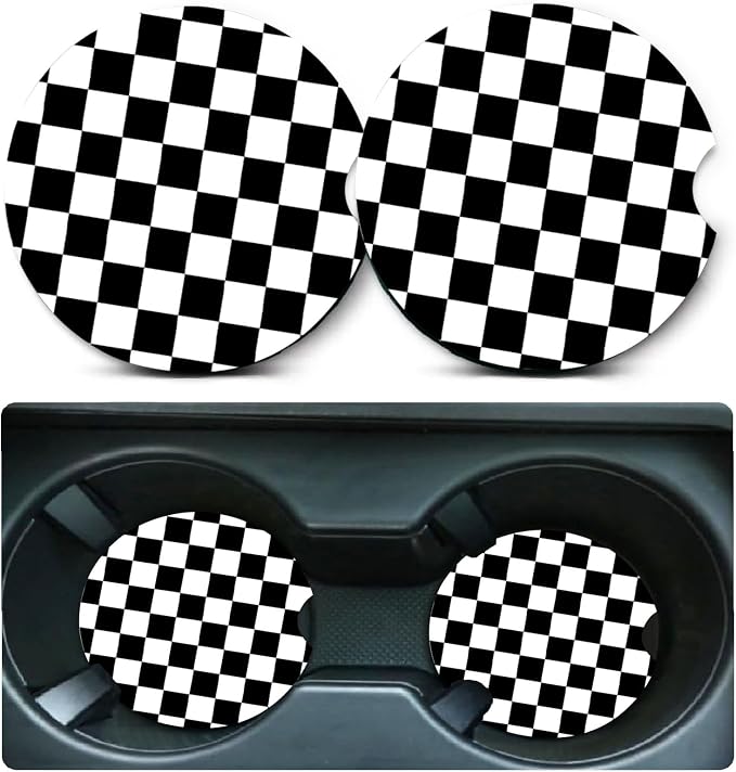 2 Pack Black and White Grid Car Cup Holder Coasters Universal Neoprene Mat | 2.75" Universal Size Anti Slip Rubber Mat,Auto Cup Holder Accessories for SUV Truck, Lattice Design Gifts for Women Men Mom