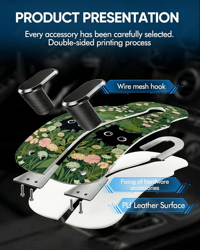 WOCOCN Purse Holder for Car, 2 Pack Heavy Duty Purse Hanger for Car, PU Leather Car Seat Hooks for Purses and Bags, Cute Grass Cat Headrest Organizer for Handbags & Backpacks