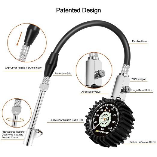 ATsafepro Tire Pressure Gauge 160PSI, Dual Head Air Pressure Gauge for Truck, Semi Truck, ATV, RV & Motorhome with Dually Tires, Heavy Duty Tire Pressure Gauge…