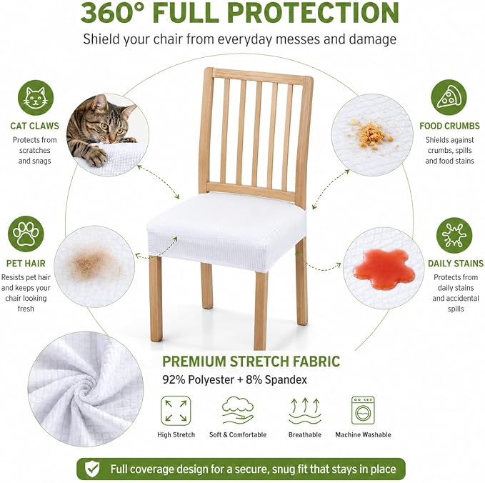 NILUOH Waterproof Seat Covers for Dining Room Chairs Set of 4, Stretch Jacquard Chair Seat Slipcovers Dining Chair Cover Removable Washable Chair Protctor Cover, Rear Covers (White)