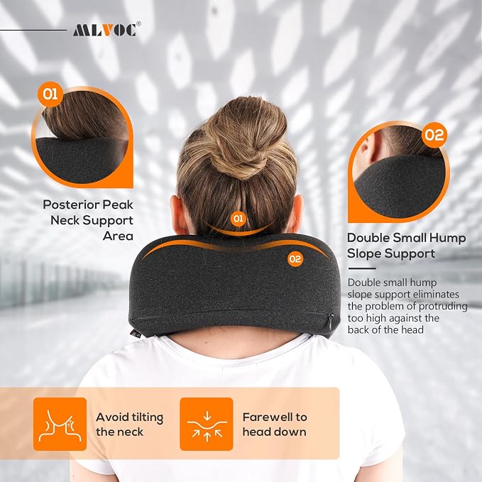 MLVOC Neck Pillow for Traveling, Upgraded 100% Pure Memory Foam Travel Neck Pillow for Airplane Flight Sleep, Breathable & Machine Washable Cover, Travel Kit with 3D Eye Mask, Earplugs & Bag, Black | Curved Neck & Chin Support, Rope Lock Fit, Memory Fo...