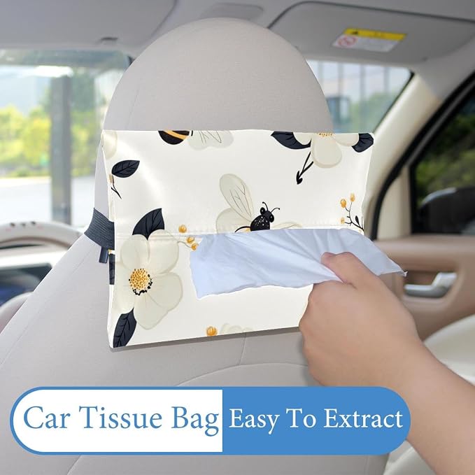 White Flower bee (4) Car Tissues Holder for Car, Visor Tissue Holder, Car Tissue Box, Car Disposable Masks Holder, Mask Dispenser for Car