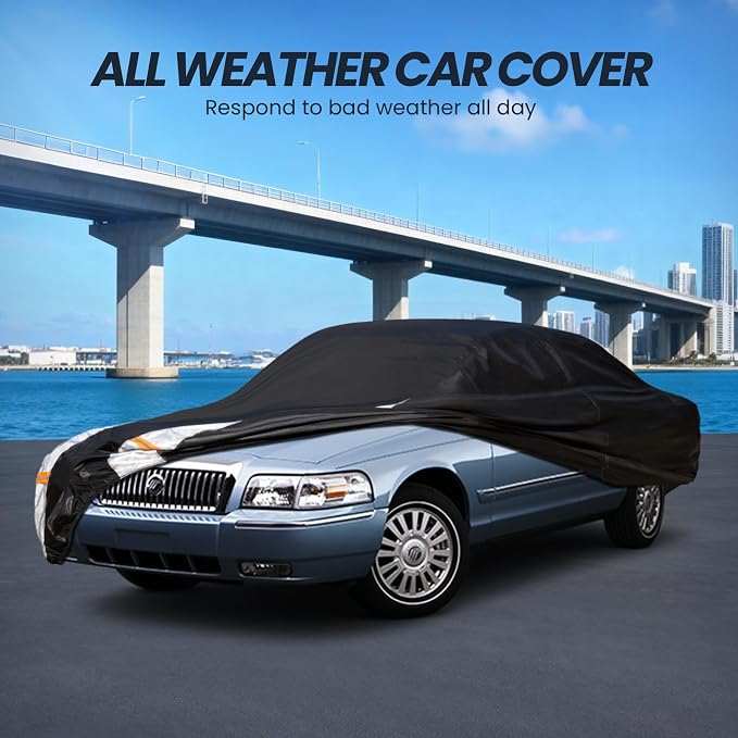 Multi-Layer Car Cover Custom Fit for Mercury(Grand) Marqui(1983-2011), 100% Waterproof All Weather for Automobiles, Gift with Towel, Heavy Duty Car Covers for Rain Sun UV Protection with Door Zipper.