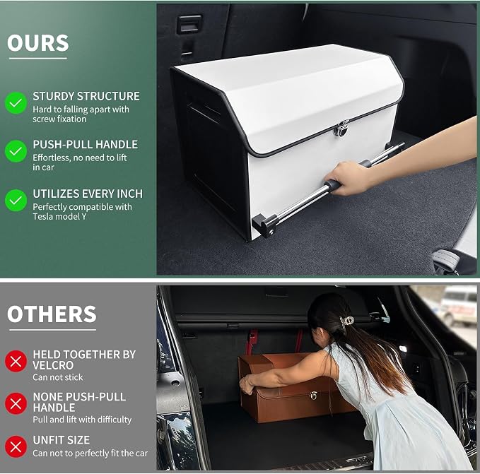 Trunk Organizer for Car with Lid Leather Trunk Organizer Car Organizer | SUV Trunk Organizer with Push-pull Handle Car Trunk Storage Organizer for Minivan, Truck, Sedan (White, 20.47x11.42x12.2in)