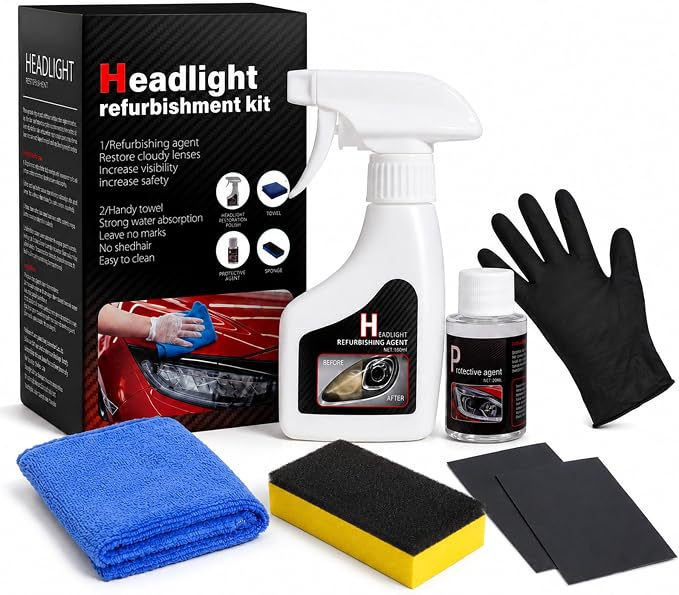 Car Headlight Restoration Kit: Cleaner and Restorer Kit for Automotive | Restore headlamp clear from yellowing oxidation cloudy foggy, clean and polish plastic lens