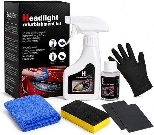 Car Headlight Restoration Kit: Cleaner and Restorer Kit for Automotive | Restore headlamp clear from yellowing oxidation cloudy foggy, clean and polish plastic lens