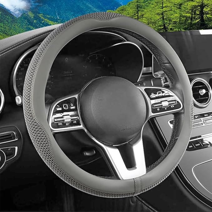 Car Steering Wheel Cover, 15 inch Ice Silk Leather Soft Comfortable Vehicle Steering Wheel Protector, Breathable Automotive Interior Accessories, Universal for SUV Sedan Truck (Gray)