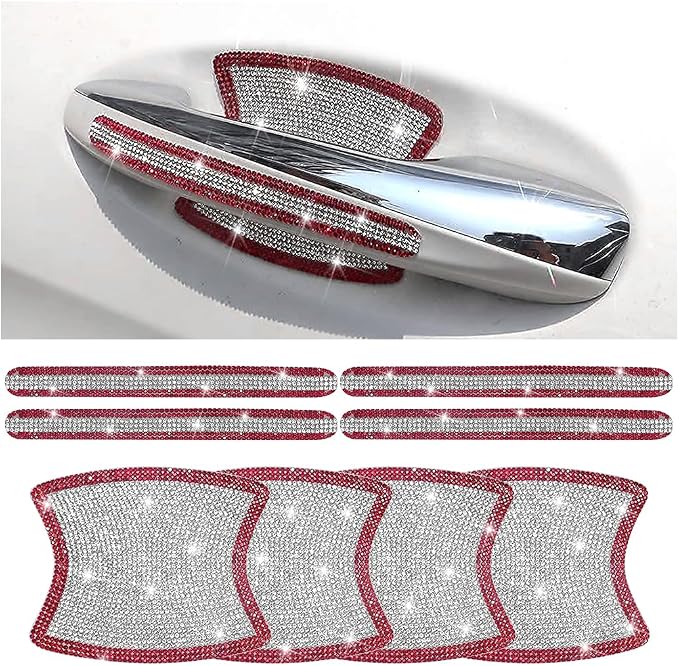 8PCS Bling Car Door Handle Protector, Crystal Rhinestone Anti-Scratch Vehicle Door Handle Bowl Stickers, Glitter Automotive Exterior Decal Accessories, Universal for Vehicles (Red/White)