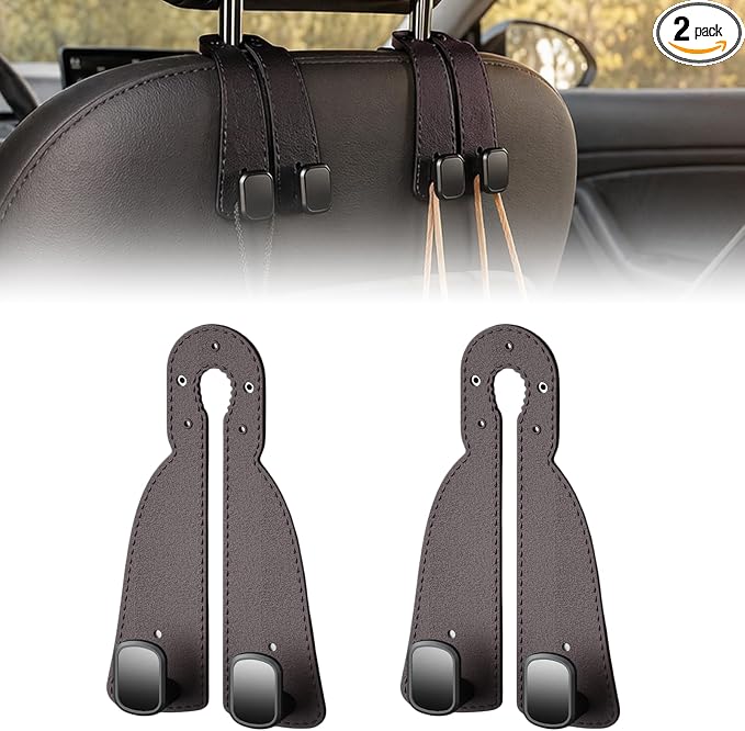 Headrest Hooks for Car 2 Pack, Upgraded Double Metal Hooks with Leather Cover, Car Seat Back Storage Organizer with Anti-Drop Design, for Purses, Handbags, Coats, Groceries (style3)