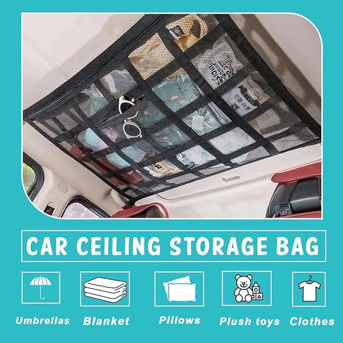 Car Ceiling Cargo Net with Backseat Organizer, Anti-Fall Ceiling Mesh Storage Organizer, Double Layer Cargo Net, Heavy Duty Load Capacity Roof Net Inside Car, Easy-to-Install & Reduce Sagging.