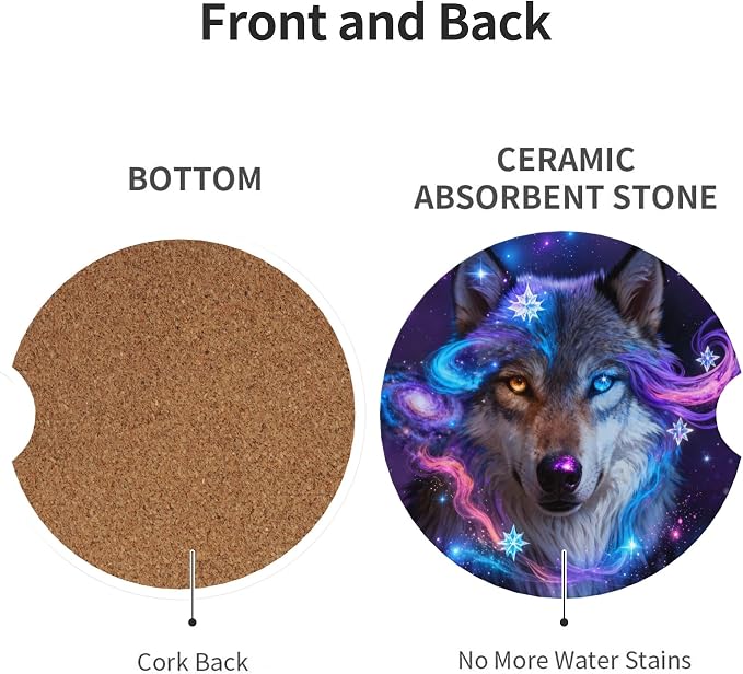 Galaxy Wolf Car Cup Holder Coasters 2 Pack 2.63" for Women | Universal Anti Slip Ceramic Absorbent Coaster with Cork Base and Finger Notch Cute Car Accessories Interior