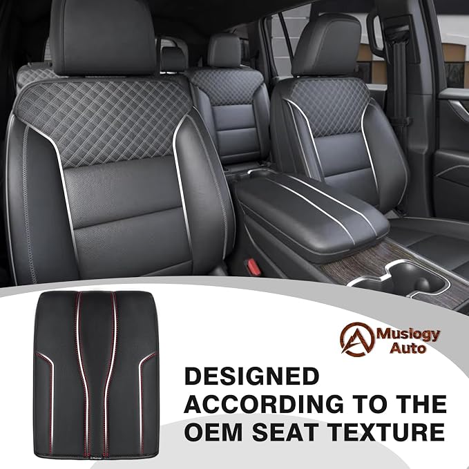 Muslogy Center Console Armrest Cover Fit for GMC Acadia & Chevrolet Chevy Traverse 2024-2026 Accessories, Comfort Armrest Pad Console Lid Cushion Vegan Leather Regular Thick (Black/White Trim)