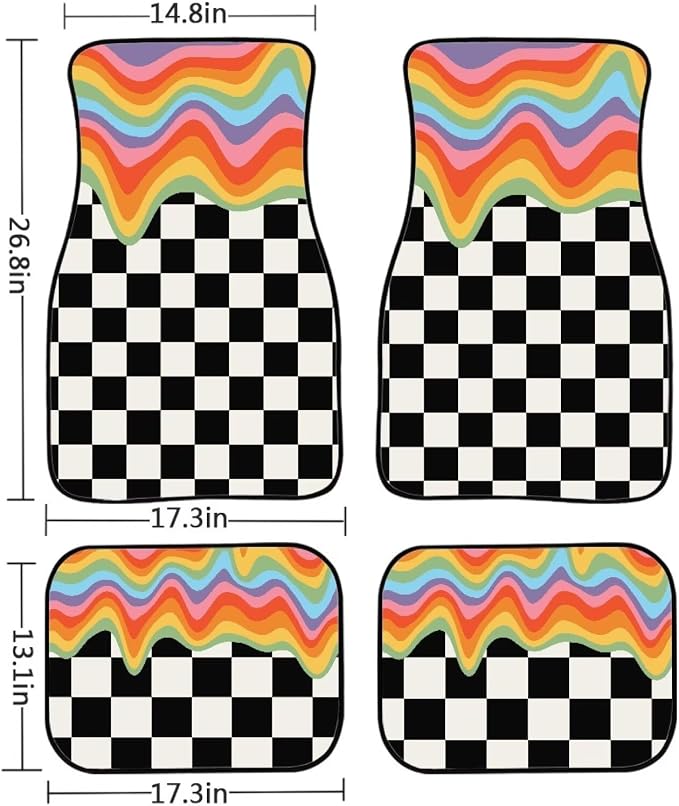 Rainbow Black White Plaid Print Car Floor Mats Set of 4 Checkered Universal Vehicle Floor Carpet Decorative Auto Front Rear Foot Rugs for Trucks SUV Sedan
