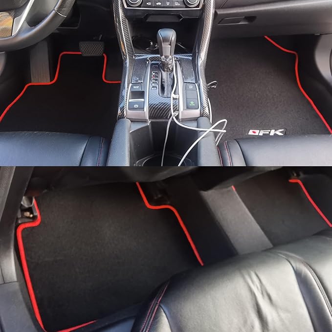 Fit 2016-2021 Honda Civic Floor Mats OEM Fitment Style Black | IKON MOTORSPORTS, Front & Rear Floor Mats Carpet With Red Edge & FK Logo 4PCS, 2017 2018 2019 2020