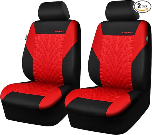 CAR PASS Car Seat Covers Two Front Only for Car, 3D Tyre Print Automotive Interior Covers, Airbag Compatible, Quick Setup Universal Fit Seat Covers for Car, Truck, SUV(Black Red)