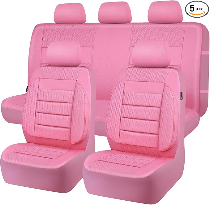 CAR PASS Pink Leather Seat Covers Full Set Universal Water Resistant 3D Foam Back Support, Luxury Comfort Automotive 5 Seat Covers for Women All Season Fit SUV,Sedan,Van, Airbag Compatible Pink