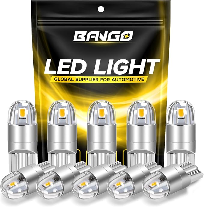 BANGO 194 LED Bulb, Super Bright 168 T10 2825 W5W LED Replacement Bulbs for Car Interior Dome Map Door Courtesy Trunk Side Marker License Plate Lights, Warm White (Pack of 10)