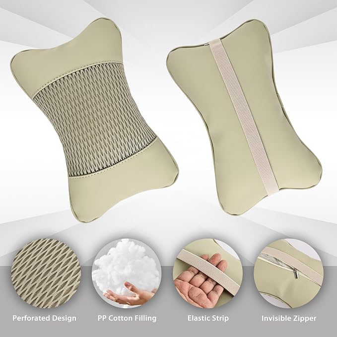 2 Pack Car Neck Pillow Soft Breathable Headrest Pillows for Driving Support, Universal Fit for Most Car Seats Decor Accessories（Off White）