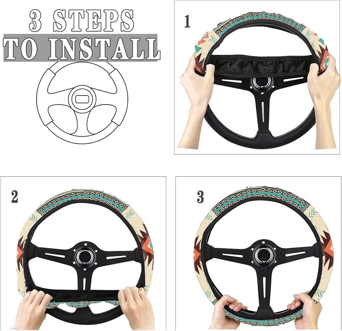 Wanyint Southwest Aztec Beige Cyan Auto Steering Wheel Cover for Women Men, Universal 15 Inch Soft Elastic Steering Wheel Wrap Anti-Slip Easy to Install Car Accessories