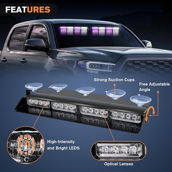 Nilight 32LED Purple White Emergency Dash Strobe Lights with Controller Suction Cups Warning Hazard Interior Front/Rear Windshield Deck Split Light Bar for Truck Construction Vehicle