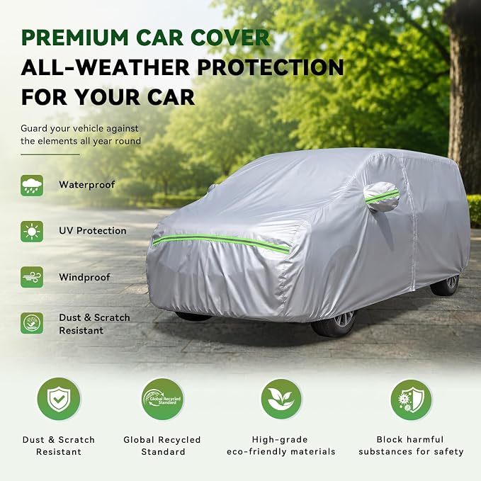AUQDD 6-Layers Premium MPV Car Cover Waterproof All Weather Weatherproof UV Sun Protection Snow Dust Storm Resistant Outdoor Exterior Custom Form-Fit Full Padded Car Cover with Straps 180"-198" K16