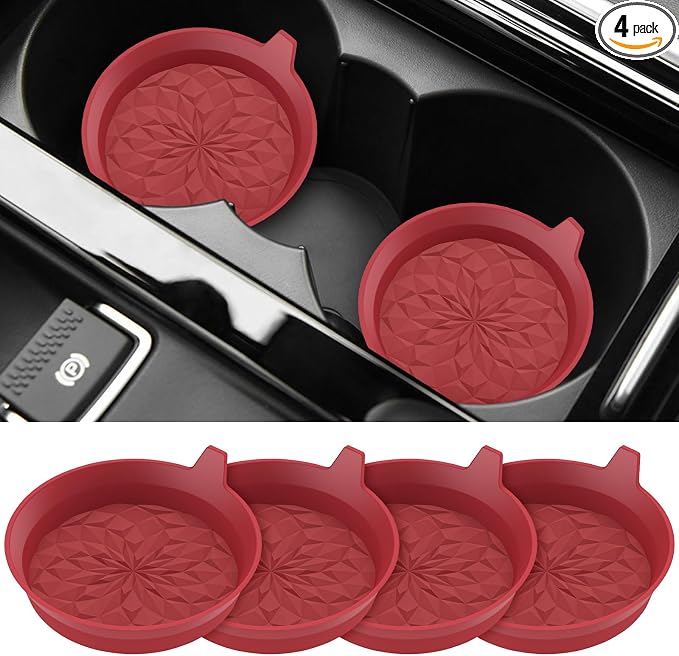 ME.FAN Car Cup Coasters [4 Pack] Silicone Car Coasters/Automotive Cup Mats - Universal Non-Slip Recessed Car Interior Accessories - Car Cup Holder Insert Coasters Wine Red