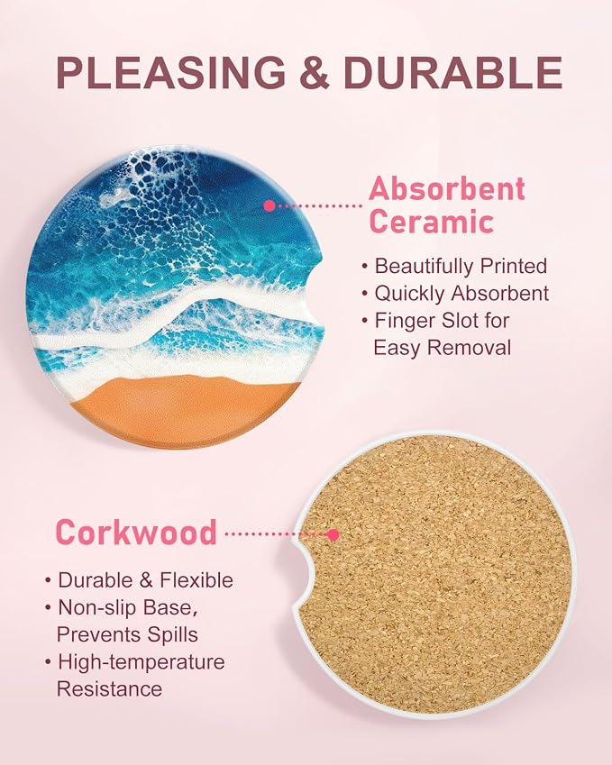 Swooflia Car Coasters for Women - Beach Ceramic Car Cupholder Coaster Cool Absorbent Mat Coaster with Cork Base 2 Pack Automotive Cup Holder Accessories New Driver Gifts for Decor