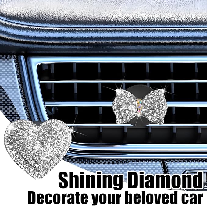 Bling Car Air Vent Clip, 2PCS Crystal Rhinestone Diamond Automotive Heart Shape Clip Charm, Cute Sparkling Vehicle Interior Decoration Accessories, Universal for SUV Sedan Trucks (Silver)