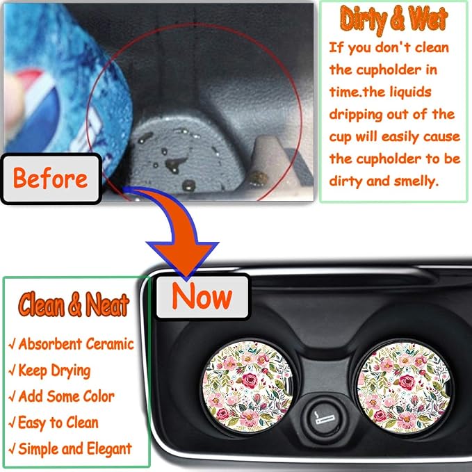 Car Coasters for Women 2 Pack Mother's Day, Auto Small 2.56" Auto Ceramic Coasters for Cup Holders, Absorb Spills to Keep Cupholders Clean, Easy Removal(Flower)