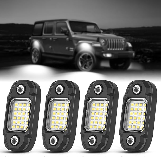 4 Pods White Rock Lights Underglow Light for Cars Trucks Trail Rig Lamp | 24 LED chips for each light, waterproof led bottom chassis lights