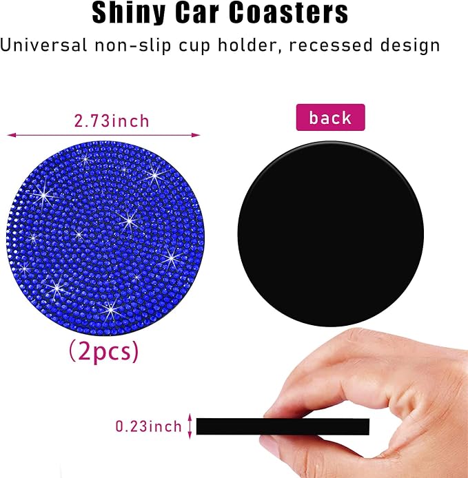 Ziciner 2PCS Bling Car Cup Holder Coaster, 2.73 Inch Anti-Slip Cup Insert Coasters, Crystal Rhinestone Auto Drink Cup Mat, Universal Interior Decor Car Accessories for Women Girls (Blue)
