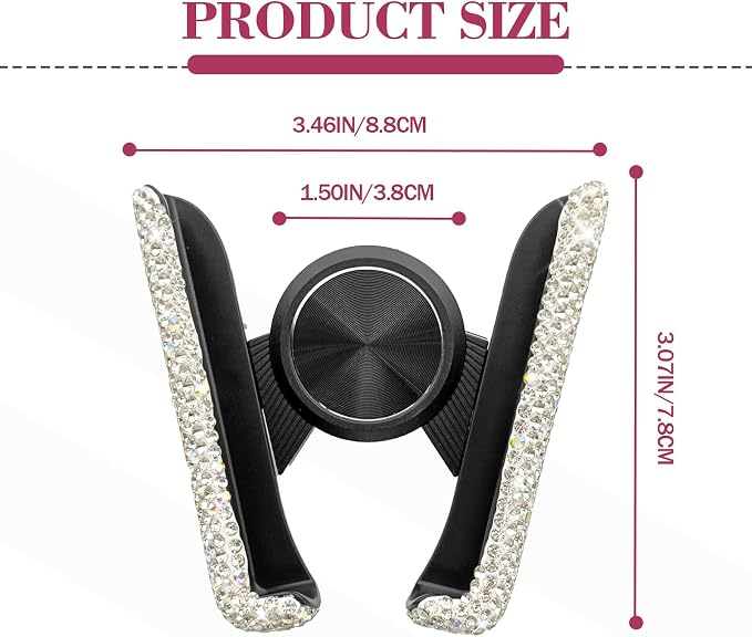 Bling Rhinestone Car Phone Holder, Mini Universal 360° Adjustable Auto Mount For Dash & Air Vent, Crystal Car Accessories For Women & Girls (White)