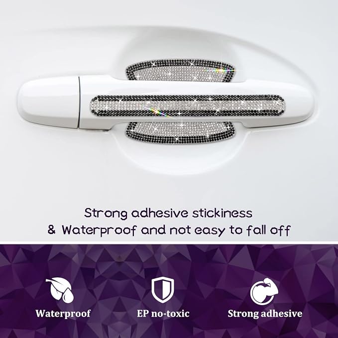 10PCS Car Door Handle Bling Rhinestones Stickers, Black & Sliver | Universal Auto Door Handle Safety Reflective Strips, Cute Car Decoration