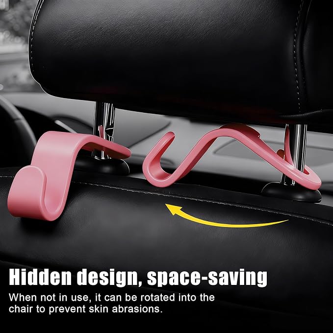 Purse Hook for Car, 4 PCS Car Purse Hook Headrest Hooks, 360° Rotatable Back Seat Storage Organizer, Universal Vehicle Seat Hanger for Purses, Handbags, Grocery Bags, Water Bottles, Pink